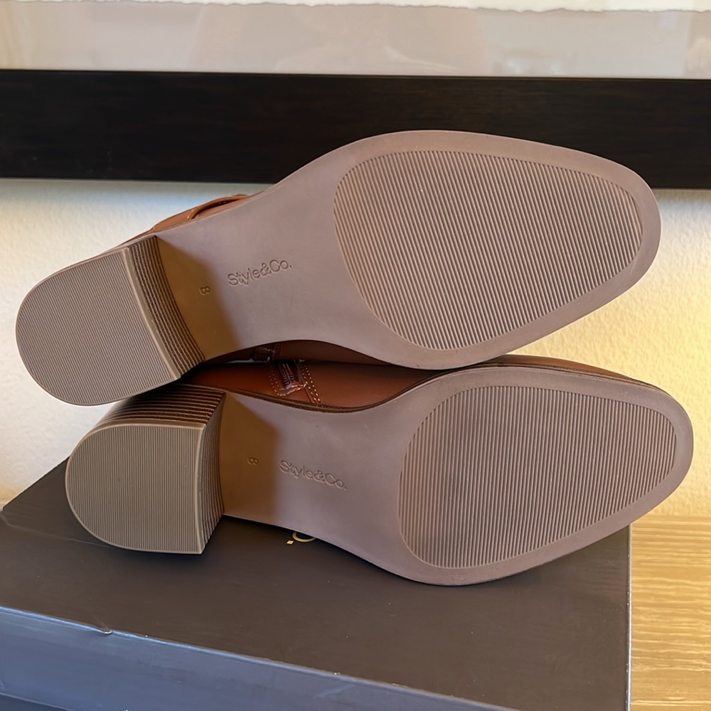 NIB, Style & Co. Rosaliee Belt Booties in Vegan Cognac Leather. - Picture 9 of 11